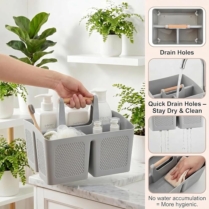 Haundry Plastic Light Gray Shower Caddy Basket with 3 Compartments, Portable Divided Bathroom Cleaning Caddy Organizer Storage Tote with Handle for Dorm, College, Room Essentials