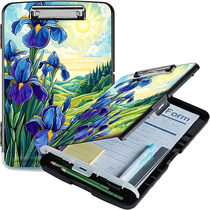A4 Clipboard with Storage Pen Holder, Clipboards Organizer Nursing Clipboard Foldable File Folder Plastic Clipboard Folio Clip Board for Office Work Classroom Doctor, Blue Flower Lawn