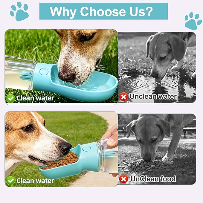 Dog Water Bottle with Food Container, Leak Proof Portable Pet Dispenser with Lock and Cleaning Brush,Dogs Stuff Water Bottle for Walking Hiking,Travel (Blue)