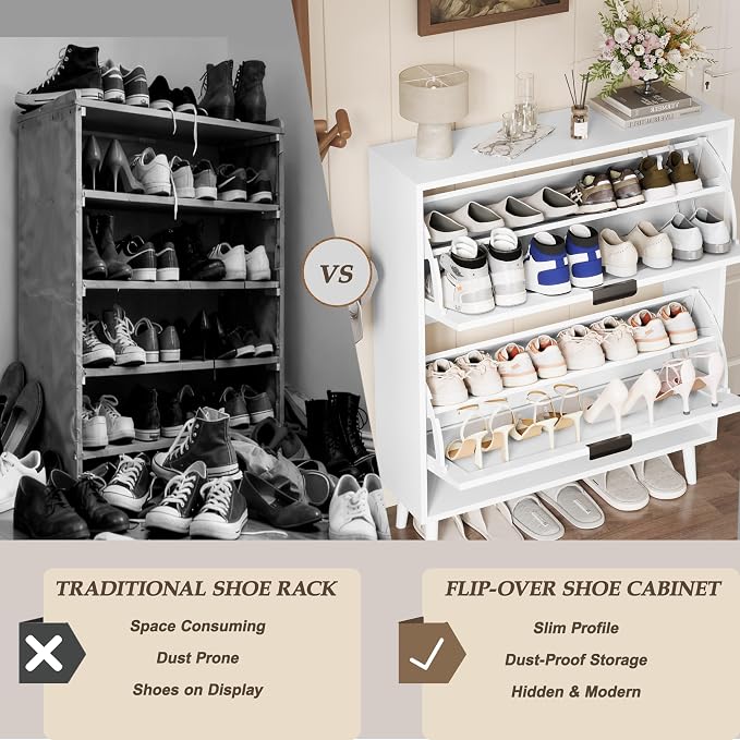 Shoe Storage Cabinet with 2 Flip Drawers, Narrow Wood Shoe Organizer Cabinet with Fluted Panel, Slim Shoe Rack for Entryway, Freestanding Shoe Cabinet for Living Room, Hallway, White