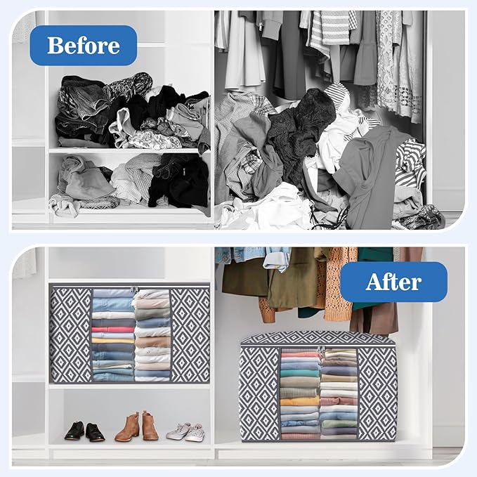 100L 6 Pack Storage Bags, Foldable Clothes Bins with Clear Window, Gray | Blanket Storage Containers with Reinforced Handles for Bedding, Comforters, Clothing, Quilts and Closet Organization