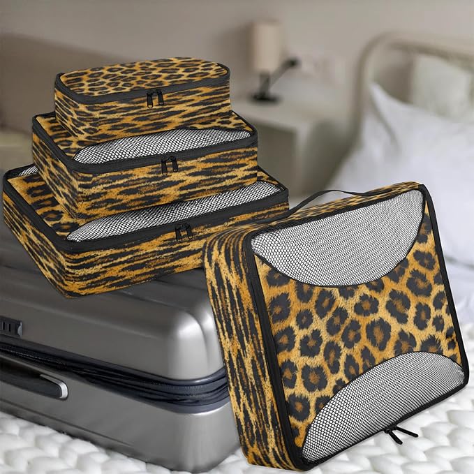 4 Set Packing Cubes for Travel, Leopard Print Animal Skin Packing Cubes for Women, Travel Luggage Packing Organizers, Packing Cube Set, Leopard Print