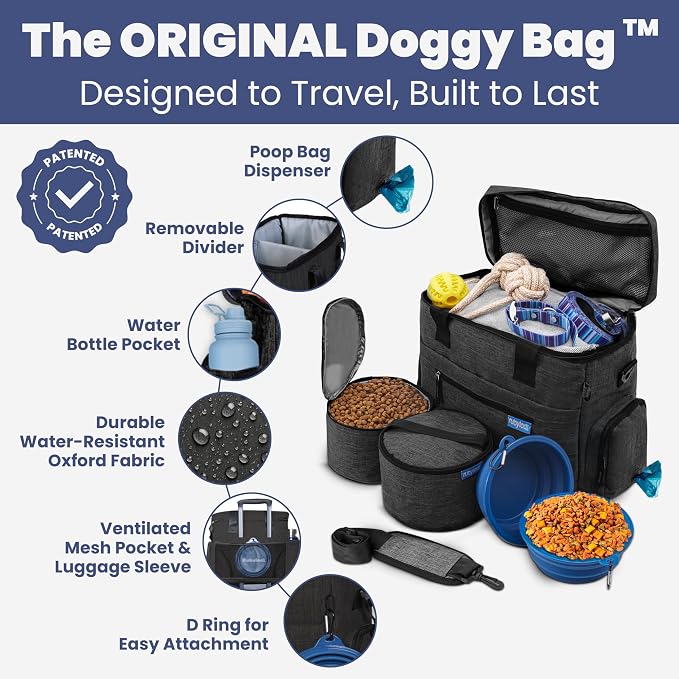 Original Doggy Bag™ Dog Travel Bag for Supplies with Travel Bowls | 2 BPA-Free Collapsible Bowls, 2 Pet Food Containers, TSA-Ready, Road Trips, Camping, Weekend Getaways, Doggy Gift, Charcoal