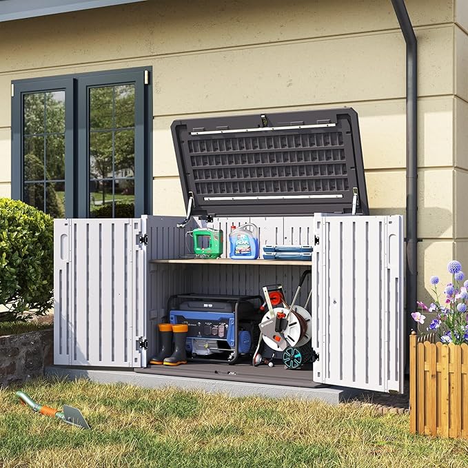 Aoxun Outdoor Storage Cabinet 35 Cu.Ft Outdoor Trash Can Storage Shed,White | Waterproof Horizontal Storage Shed Outdoor Storage for Garbage Bin, Generator, and Lawn Mower