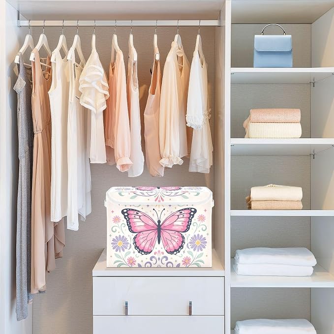 Butterfly Floral Fabric Storage Bins with Lid Foldable Storage Boxes 40L | Decorative Storage Boxes, Foldable & Stackable, Dust-Proof Flip Top, Reinforced Handles, For Home & Dorm, Clothes & Toy Box