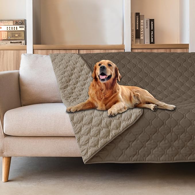 gogobunny Waterproof Dog Blankets for Large Dogs, Pet Bed Cover Breathable | Washable Pee Pads, Quilted Throw Blanket, Furniture Protector for Couch Sofa Bed Car, 82x82 Inch Dark/Light Walnut
