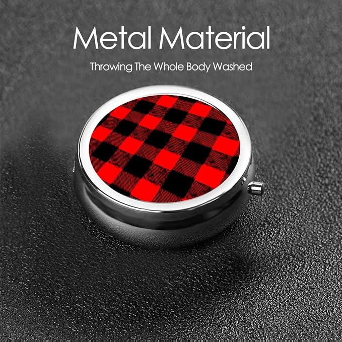 Pocket Medicine Case, Red Black Buffalo Check Plaid Pattern Round Small Organizer, Waterproof Pill Box for Vitamins, Travel Holder Purse Carry for Commute