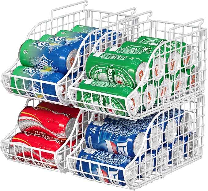 Sonyabecca 4-Pack Stackable Can Rack Organizer for Kitchen Pantry，White | Soda Can Organizer and Food Storage Dispenser for Pantry Cabinets. Foldable Wire Rack Keeps Canned Food Organized