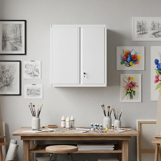 Metal Wall Cabinets, Kitchen Wall Hanging Cabinet, Locking Steel Storage Cabinets with Adjustable Shelves and Locking Doors, Wall Mount Tool Cabinet for Garage, Home, White