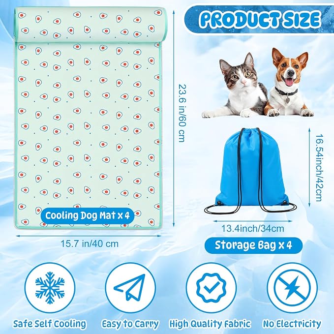 DoubleFill 4 Pack Cooling Pet Mats 15.7" x 23.6" Cooling Dog Beds with Supportive Pillow Self Ice Washable Cool Pads Summer Cat Sleeping Pad with Storage Bag for Summer Crate Floor (Small, Green)