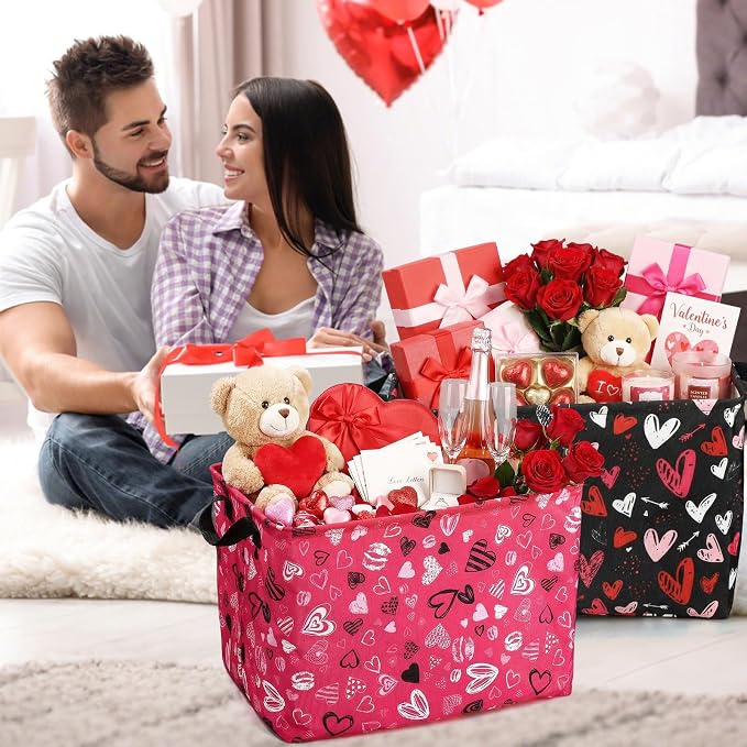 FoldTier 4 Pcs Valentine's Day Storage Baskets Empty Collapsible Valentines Basket with Handles Red Pink Black Heart Storage Boxes for Gifts Home Room Nursery Books Cloth Holiday Containers (Heart)