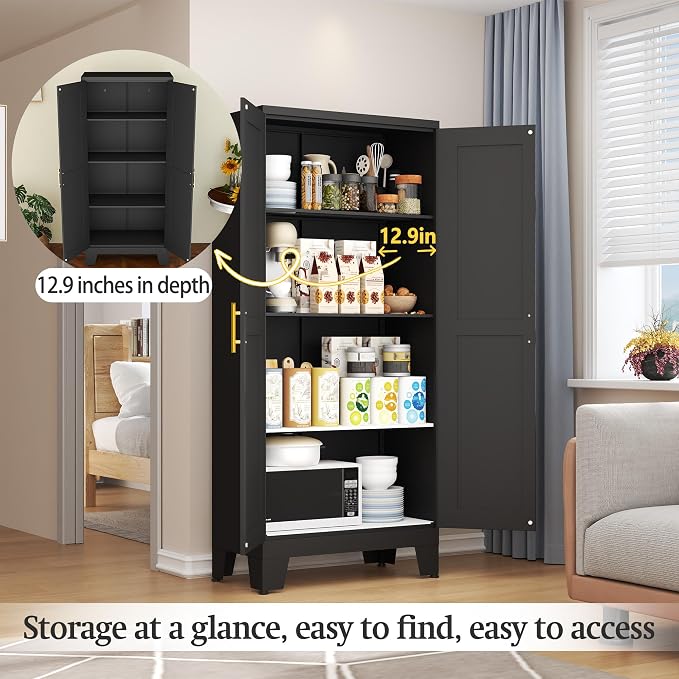 Black Metal Storage Cabinet, 61" Kitchen Pantry Cabinets for Office | Steel Kitchen Pantry Storage with Doors and 3 Adjustable Shelves, Metal Tool Cabinet, for Office, Home, Garage, School