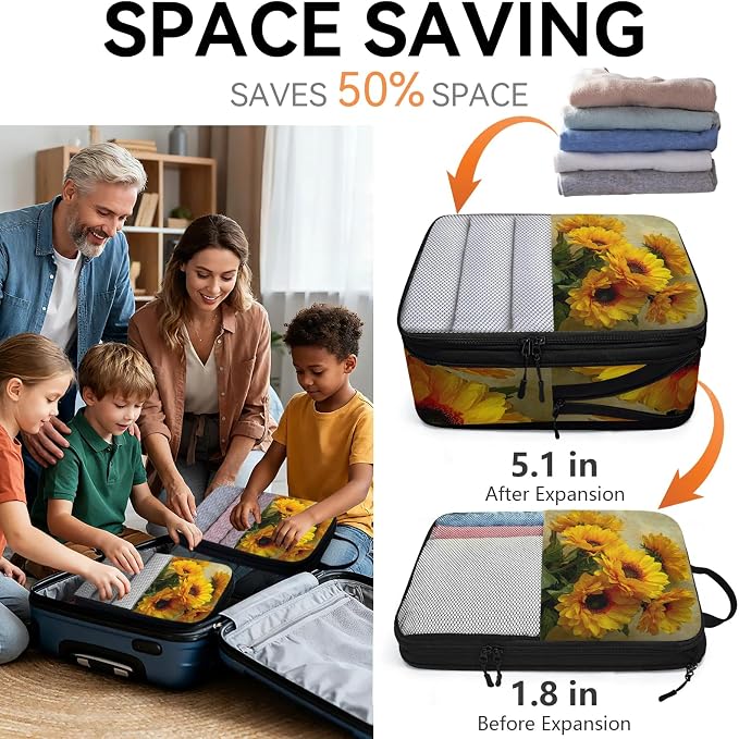 TropicalLife Sunflower Floral 6 Set Compression Packing Cubes | Compressible Expandable Luggage Suitcase Organizer Bags Space Saver Bags for Carry on