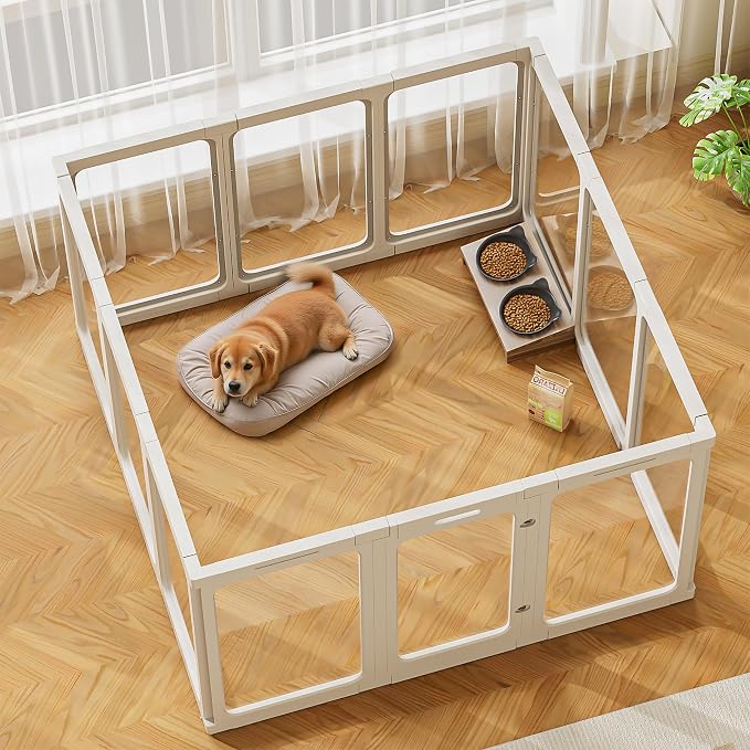 Jalove 12PCS Dog Playpen Clear Puppy Playpen Indoor, 30" H Easy Assemble | Ideal for Small to Medium Dogs,Transparent Small Pet Play Pen, Sturdy Fence Crate Kennel Whelping Cage Enclosure , White