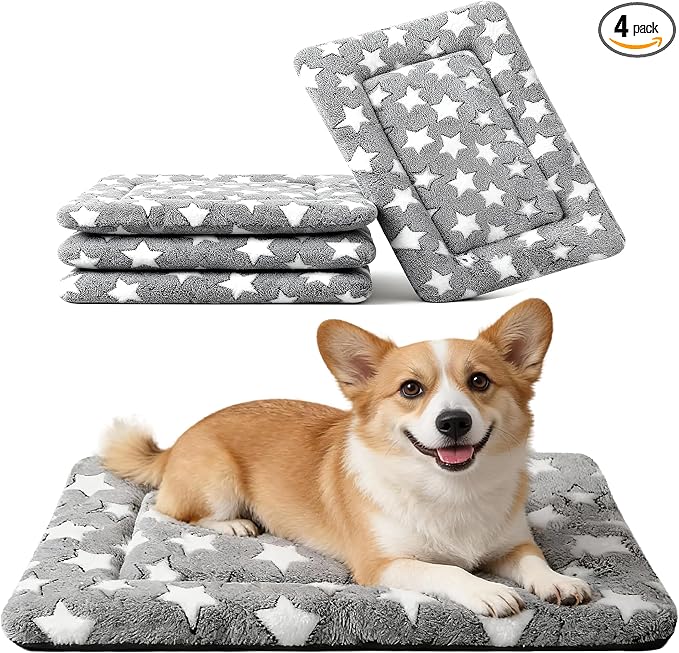 Dog Crate Mat, 4 Piece Reversible Pet Bed, Polyester, Machine Washable, Small Dogs & Cats, Rectangular (Gray Star, 24" L x 18" W x 1.5" Th)
