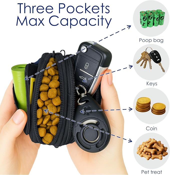 Raisingwell Dog Treat Pouch for Pet Walking and Training with Clicker, Poop Bags and Three Bags Design Small Fanny Zipper Pack Holder for Puppy Snack Dispenser Kit for Leash and Outdoor Use (Blue)