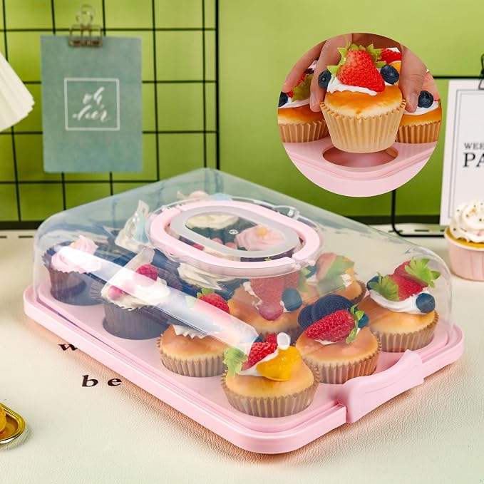 NPLUX Pink Cupcake Carrier Cupcake Holder with Lid, Cake Container | 3 in 1 Multipurpose, Lid, Holder, Muffins, Pies, Sweets, Pastries, Fruit, Snacks, Transport
