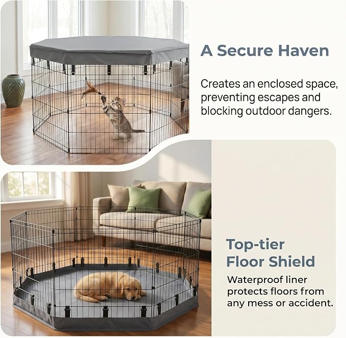 PJYuCien 2-in-1 Octagonal Dog Playpen Bottom Pad for 24" Side Pen, Gray | Dual-function Pad, For Puppy Small Animals, Protects Floors, Easy Clean, 600D Oxford, Snap Hooks
