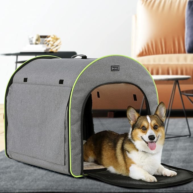 PETSFIT Collapsible Dog Crate, Travel Dog Crate - 30 Inch Lightweight, Roomy, Easy to Set Up, Sturdy Soft Dog Kennel with Thick Mat, Snowflake Grey