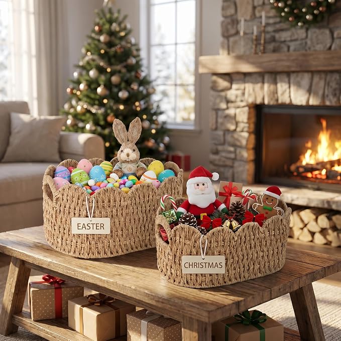 iEGrow Paper Rope Scalloped Basket, Set of 2 Woven Storage Wicker Baskets with Handle for Organizing and Shelves, Cute Boho Oval Baby Baskets for Decor, Towel, Toys, Nursery, Book, Gift Natural