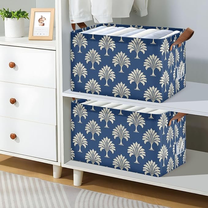 Navy Blue Bg Vintage Exotic Tree Storage Basket Foldable Cube Storage Bins with Handles&Label Waterproof Collapsible Organizer Box Bin Large Rectangle Decorative Baskets for Shelves Home Room Laundry