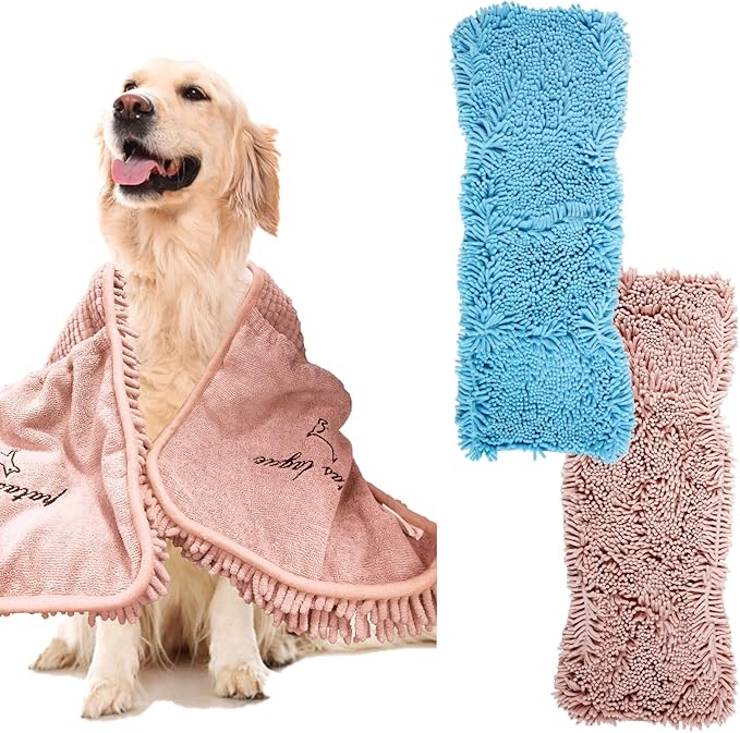 Patas Lague 2 Pack Absorbent Dog Towel for Drying Dogs Large, 35''x15'' Extra Large Microfiber Quick Drying Pet Bath Towel with Hand Pockets, Machine Washable Pet Shammy Blue Pink