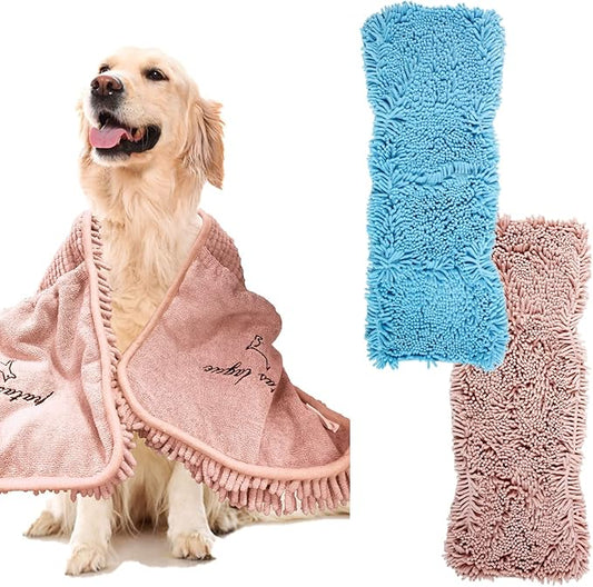 Patas Lague 2 Pack Absorbent Dog Towel for Drying Dogs Large, 35''x15'' Extra Large Microfiber Quick Drying Pet Bath Towel with Hand Pockets, Machine Washable Pet Shammy Blue Pink
