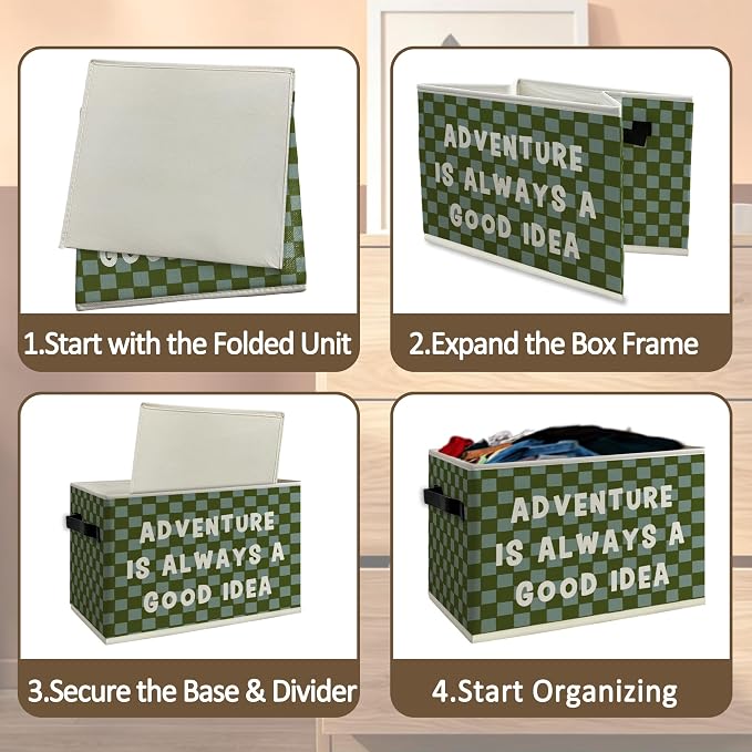 Adventure Classroom Nursery Cube Storage Bins with Handles, Green Checkered Kids Playroom Collapsible Fabric Storage Basket Boxes Books Clothes Organizer for Kids Boys Bedroom Bathroom