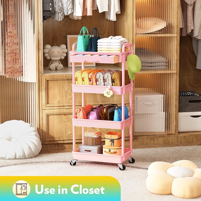 SUNALLY Makeup Cart Organizer with Drawer, 4 Tier Rolling Makeup Cart, Pink | Rolling Vanity Storage for Skin Care Perfume Nail Polish, Floor Skincare Organizers Cosmetics Display Bathroom Storage Cart