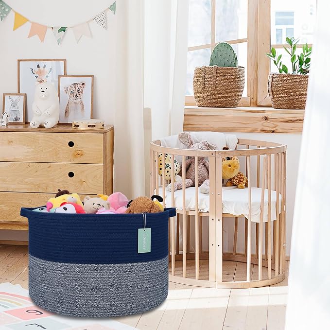 Large Cotton Rope Blanket Basket, 87L Laundry Hamper, Navy Blue