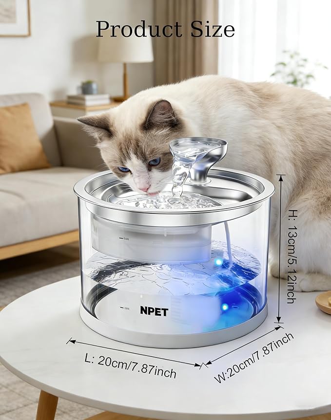 NPET N280 Glass Cat Water Fountain - 2.8L Automatic, Ultra-Quiet Pump with Stainless Steel Tray, Easy to Clean & Eco-Friendly for Cats and Dogs