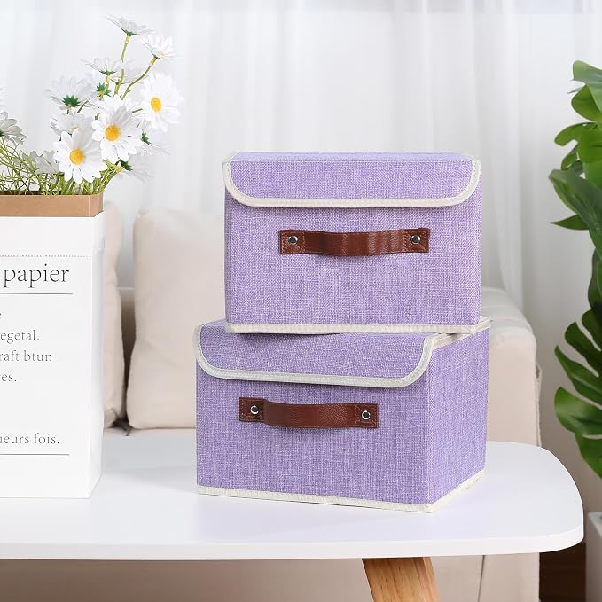 ANMINY Fabric Storage Box Bins with Lids, Purple, 13"x9"x7.9", 2 Pack | Keepsake Memory Storage, Cotton Linen, PP Board Reinforced, Washable, PU Handles, Foldable & Stackable, Decorative, Medium