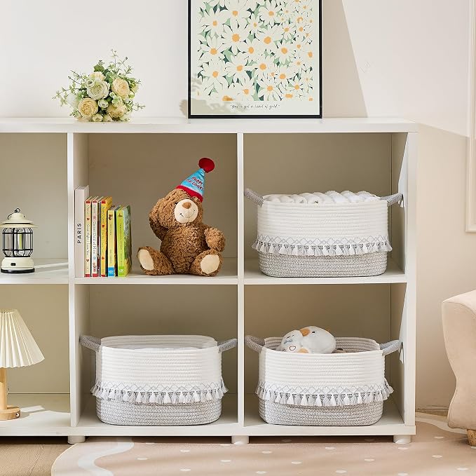 Storage Basket, Woven Baskets for Shelves, Gray | 3 Pack Boho Cotton Rope Storage Baskets, 14" x 9" x 8", Home Organizer for Nursery, Holds Toys, Books & Towels