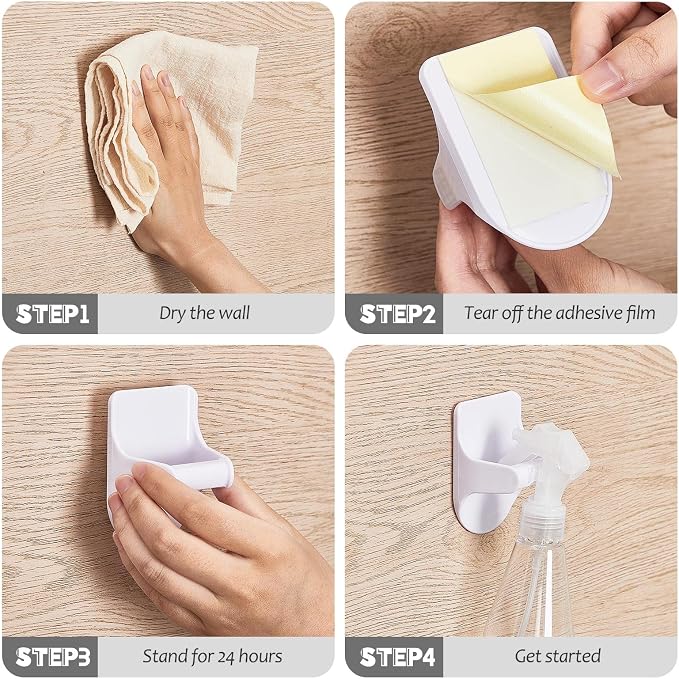 30 Pcs Wall Mount Spray Bottle Hooks Holder Spray Bottle Hanger Adhesive Hook to Create Storage Space Rack Organizer Hanger for Cabinet Kitchen Variety Surfaces (White)