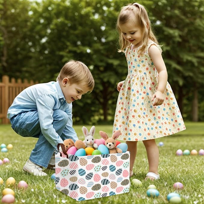 Large Cute Easter Basket for Kid Empty Gift Baby Rectangle Storage Bin Bunny Eggs Boy＆Girl Room Décor (Retro Art Easter Egg)