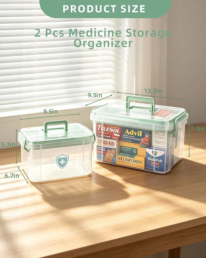 2 Pack Clear Medicine Storage Box with Removable Tray, Large & Small Size Thickened Empty First Aid Box with Carry Handle, Multipurpose Portable Medication Organizer for Home Travel Car Camping
