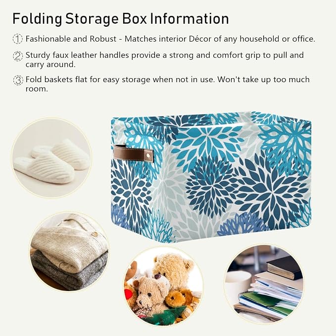 susiyo Large Foldable Storage Bin Blue Navy Chrysanthemum Flowers Fabric Storage Baskets Collapsible Decorative Baskets Organizing Basket Bin with PU Handles for Shelves Home Closet Bedroom-1Pack