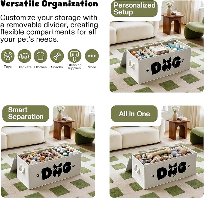 Dog Toy Basket with Lid, 3 Compartments Dog Basket for Toys, Dog Toy Box with 2 Removable Dividers, Collapsible Storage Bins for Dog Toys, Dog Storage Organizer, Beige