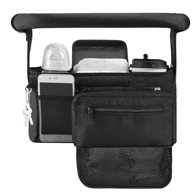 Momcozy Non-Slip Universal Stroller Organizer with Insulated Cup Holder | Detachable Phone Bag and Shoulder Strap, Fits UPPAbaby, Baby Jogger, Britax, BOB, Umbrella and Pet Strollers