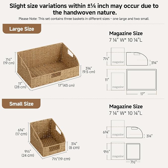 StorageWorks Paper Rope Shelf Baskets,Pantry Storage Baskets,Natural,3-Pack | Pantry Storage Baskets,Wicker Baskets with Handles,Handwoven Wicker Storage Baskets for Shelves,Pantry Organizers and Storage