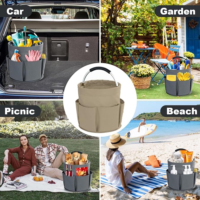 Cleaning Caddy with Handle, Cleaning Products Organiser, 17L Foldable Storage Basket, Cleaning Caddy Organiser, Portable Multi Cleaning Bucket Bag for Home, Garden (Khaki)