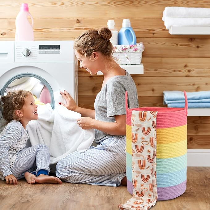 Woven Cotton Rope Laundry Basket Hamper 16" x 22" Large Rainbow | Rope storage basket for dirty clothes, toys and blankets. Perfect for bathroom, baby nursery and living room storage.