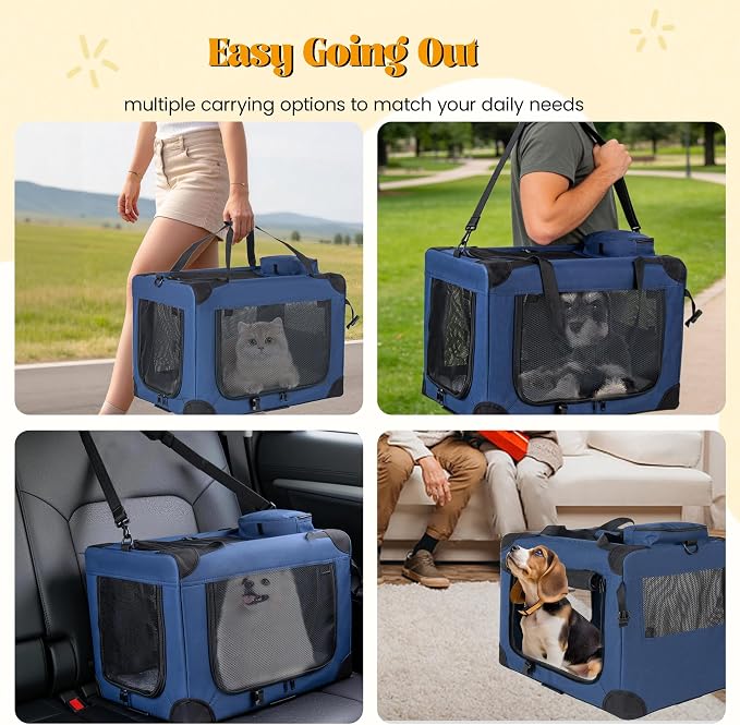 2 in 1 Rolling Dog Crate with Wheels, 24'' Collapsible Travel Pet Carrier for Medium Large Dogs, Portable Folding Kennel with 3-Door Design & Mesh Windows (Dark Blue + 32'')