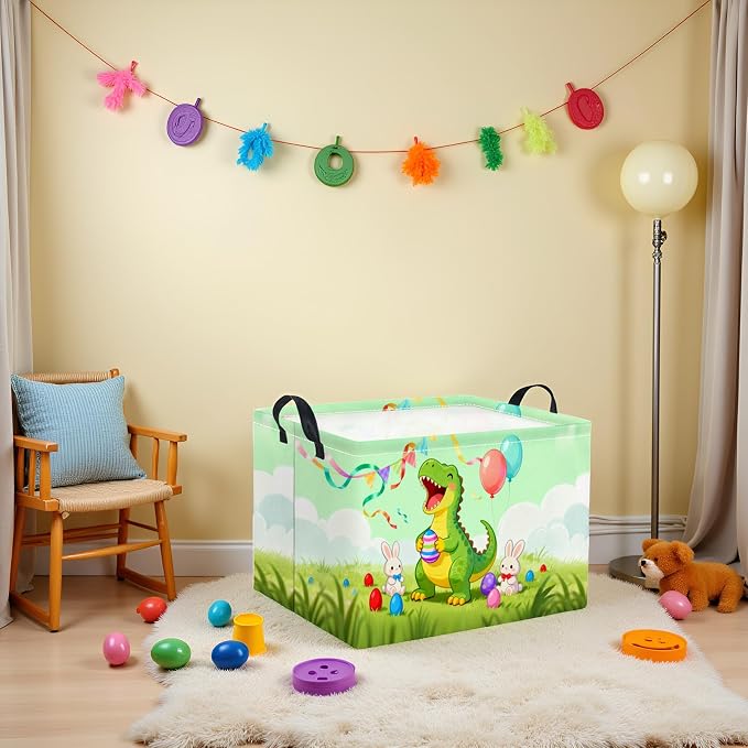 Rectangular Easter Basket for Home Kitchen Baby Girls Basket Cute Storage Bin Organizer Shelf Book Room Decor(Happy Dinosaur)