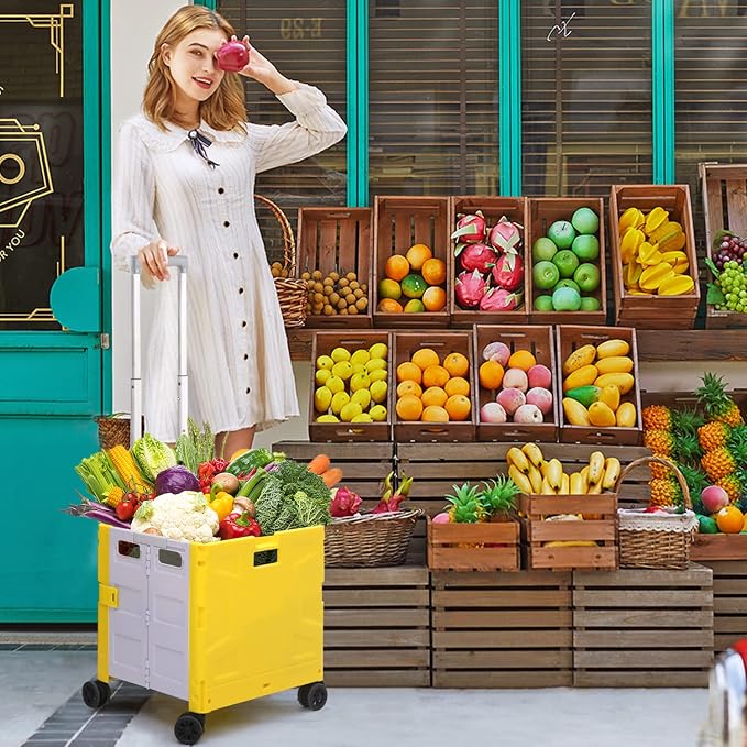 Foldable Shopping Utility Cart Portable Rolling Crate Handcart with 360°Rotate Wheel,Hidden Lid,Telescoping Handle Collapsible for Travel Shopping Moving Storage Office Use(Yellow/Gray)