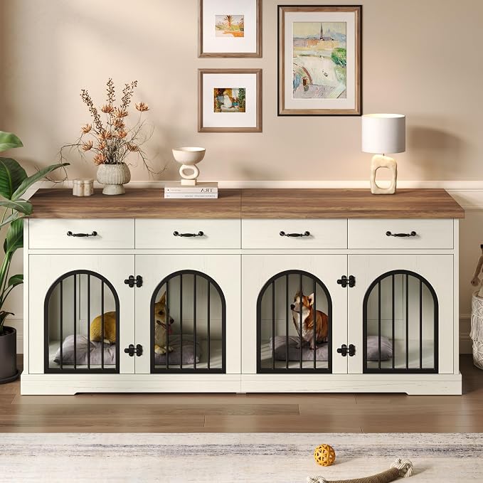 Merax 70.8" Large Dog Crate Furniture & TV Stand for 2 Dogs –Double Kennel with 4 Storage Drawers, Removable Divider & Arched Metal Doors –Wood Indoor Pet House for Medium/Large Breeds, Brown + White