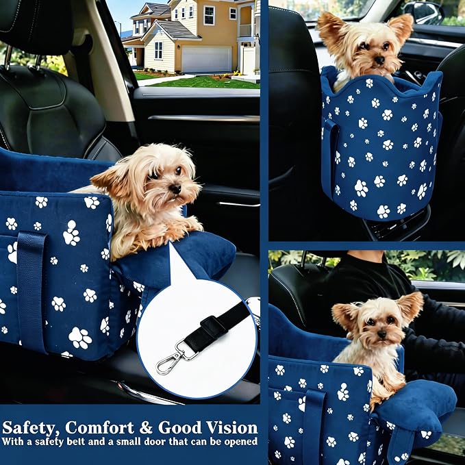 Dog Car Seat for Small Dogs 5-15 lbs, Navy Blue | Center Console Puppy Booster and Portable Travel Bed, Anti-Collapse Design with Washable Fluffy Cushion