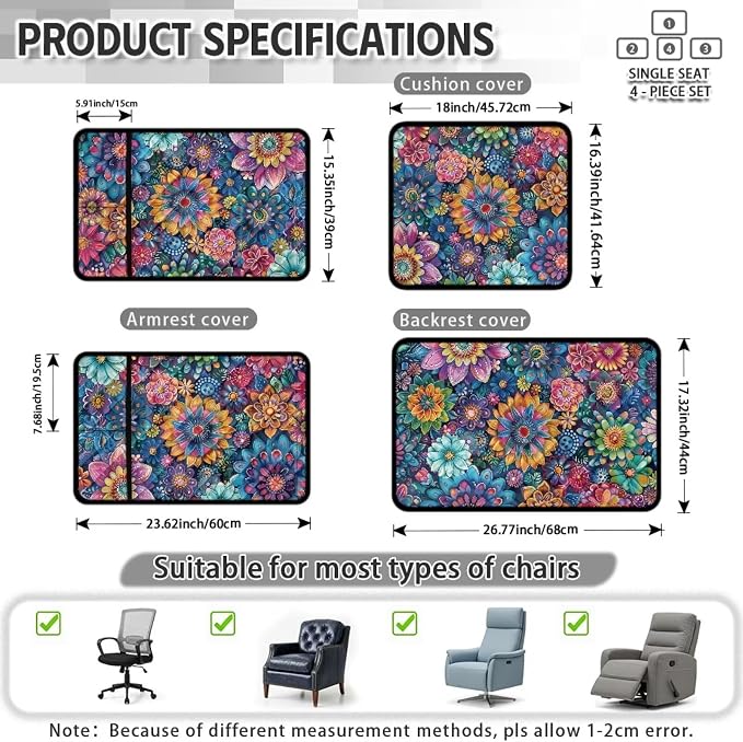 4-Piece Mandala Floral Recliner Slipcovers with Arms Non Slip | Quilted Recliner Furniture Protectors Side Pockets Armchair Slipcovers Soft Reclining Chair Cover,Machine Washable