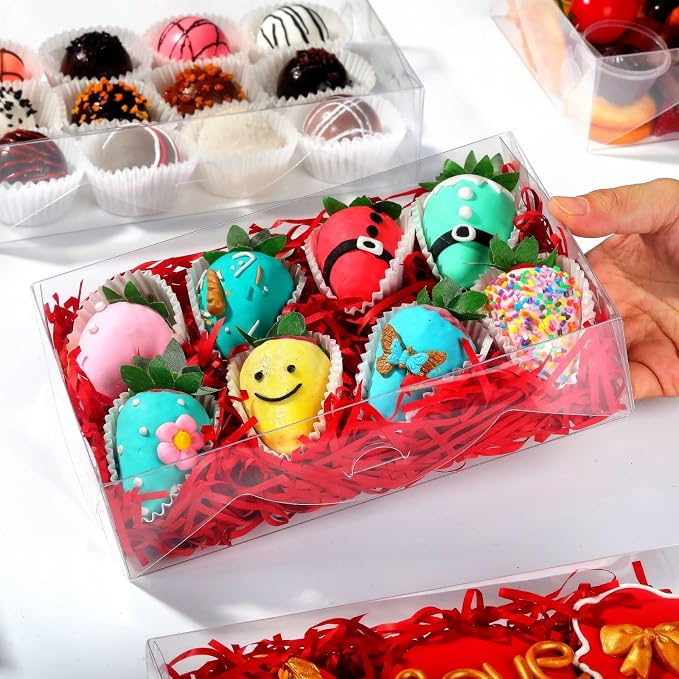 RomanticBaking 50PCS 8x5x2 Inch Full Clear Cookies Boxes Strawberry Boxes | Transparent Box Clear Plastic Boxes Bakery Boxes Cakesickle boxes Chocolate Truffle Boxes Treat boxes
