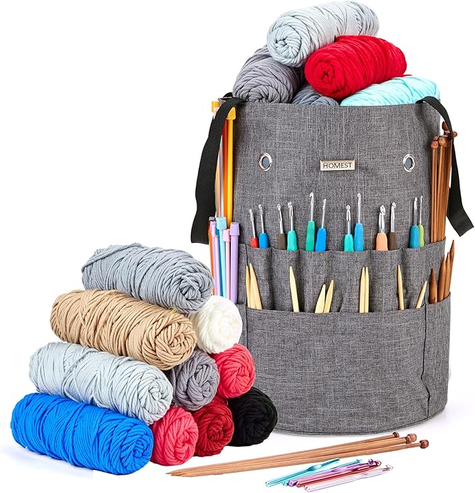 HOMEST Crochet Bag Organizer for Yarn Storage, and Knitting Accessories | Customized front compartment, 6 oversized grommets and drawstring closure for hooks, needles and projects, Grey